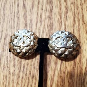 Vintage 1980s Chanel Paris Gold Plated CC Quilted Large Statement Earrings Clip
